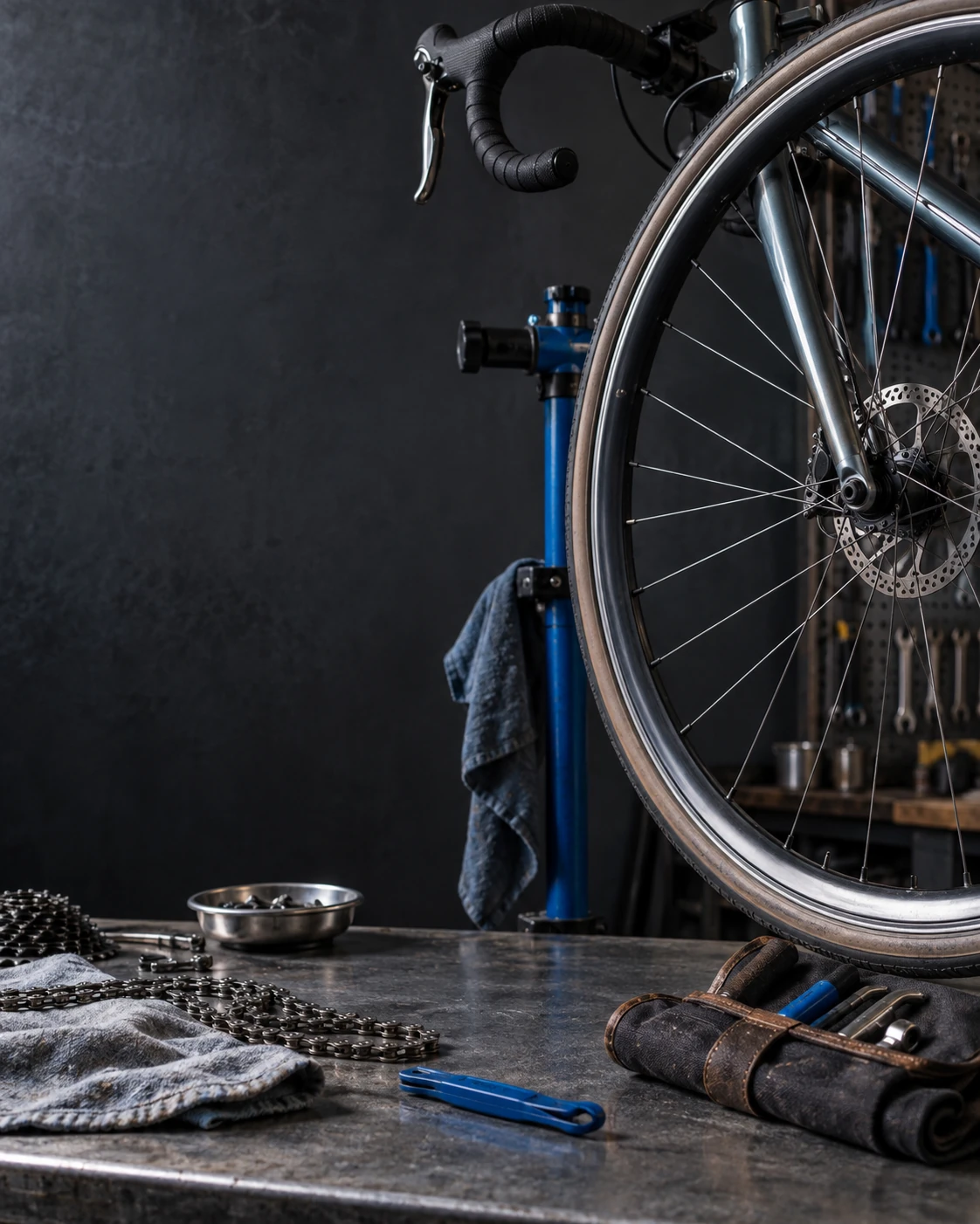 Illustrative bike-service still life — original artwork, not the exact mini mall or branded inventory.